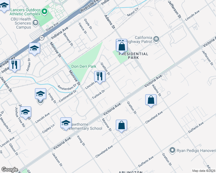 map of restaurants, bars, coffee shops, grocery stores, and more near 2826 Sulky Court in Riverside