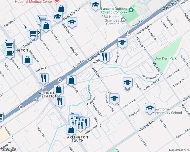 map of restaurants, bars, coffee shops, grocery stores, and more near 3198 Jackson Street in Riverside