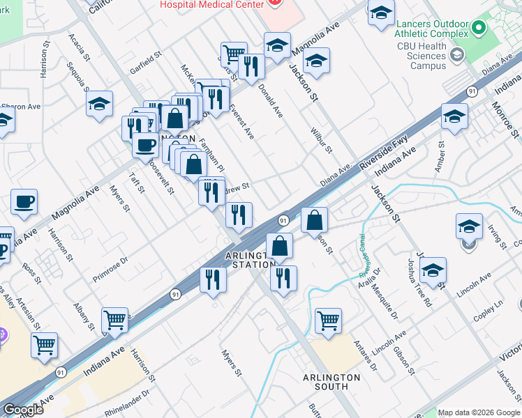 map of restaurants, bars, coffee shops, grocery stores, and more near 3493 Farnham Place in Riverside
