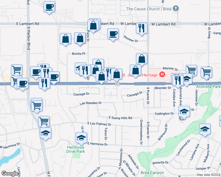 map of restaurants, bars, coffee shops, grocery stores, and more near 656 Imperial Highway in Fullerton