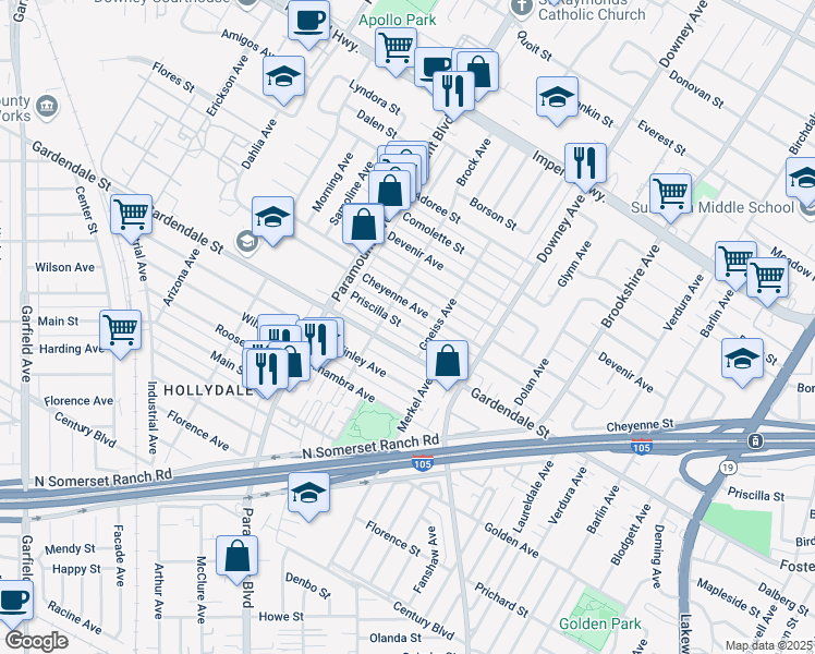 map of restaurants, bars, coffee shops, grocery stores, and more near 8142 Priscilla Street in Downey