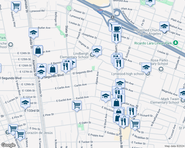 map of restaurants, bars, coffee shops, grocery stores, and more near 12309 Alpine Avenue in Lynwood