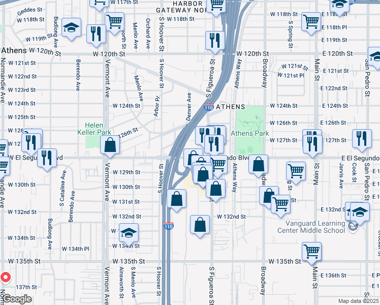 map of restaurants, bars, coffee shops, grocery stores, and more near 12811 South Figueroa Street in Los Angeles