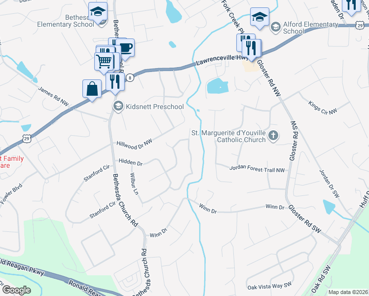 map of restaurants, bars, coffee shops, grocery stores, and more near 189 Jousters Lane Northwest in Lawrenceville