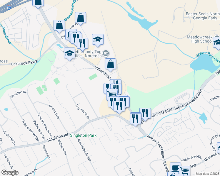 map of restaurants, bars, coffee shops, grocery stores, and more near 1355 Indian Trail Lilburn Road Northwest in Norcross