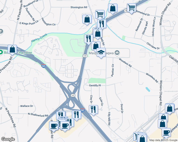 map of restaurants, bars, coffee shops, grocery stores, and more near 2451 Avery Park Court in Doraville