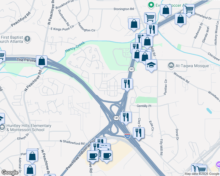 map of restaurants, bars, coffee shops, grocery stores, and more near 4340 Colorado Fir Alley in Doraville