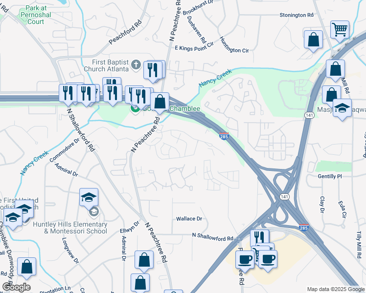 map of restaurants, bars, coffee shops, grocery stores, and more near 2251 Nancy Creek Drive in Chamblee