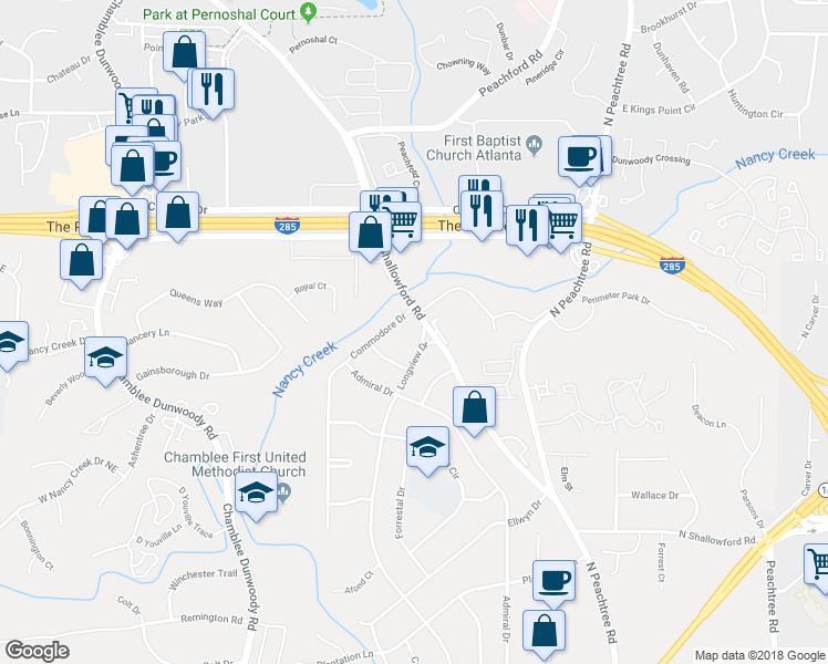 map of restaurants, bars, coffee shops, grocery stores, and more near 4221 North Shallowford Road in Atlanta