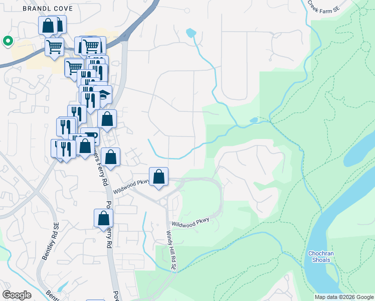 map of restaurants, bars, coffee shops, grocery stores, and more near 1464 Pebble Creek Road Southeast in Marietta