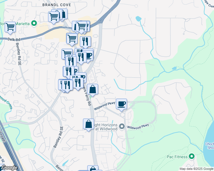 map of restaurants, bars, coffee shops, grocery stores, and more near 3088 Balearic Drive Southeast in Marietta