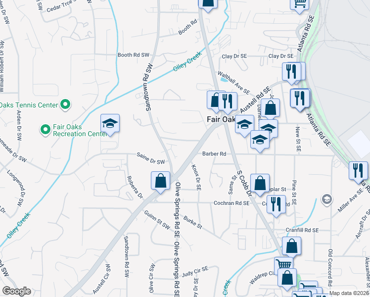 map of restaurants, bars, coffee shops, grocery stores, and more near 1500 Austell Road Southeast in Marietta