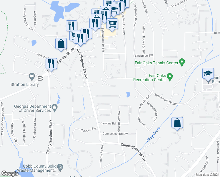 map of restaurants, bars, coffee shops, grocery stores, and more near 720 Bellemeade Way Southwest in Marietta