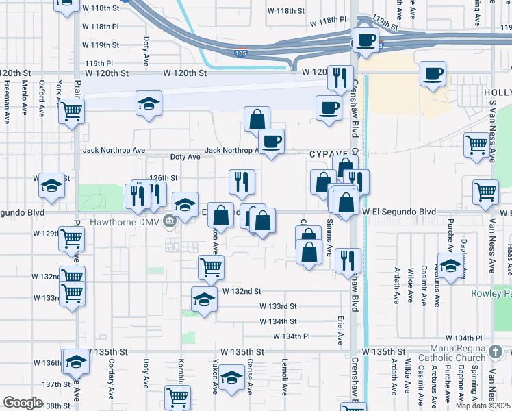 map of restaurants, bars, coffee shops, grocery stores, and more near 3355b West El Segundo Boulevard in Hawthorne