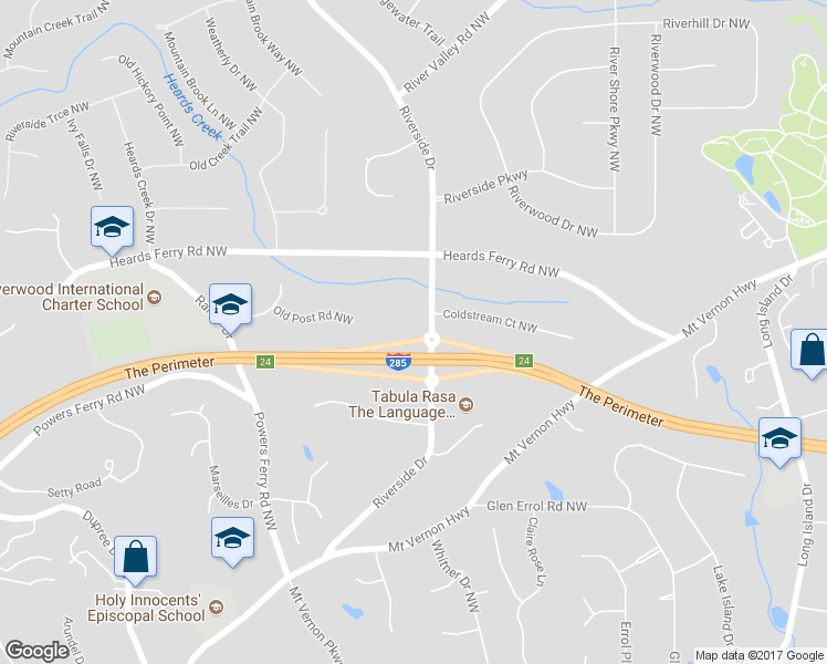 map of restaurants, bars, coffee shops, grocery stores, and more near 5928 Riverside Drive in Atlanta