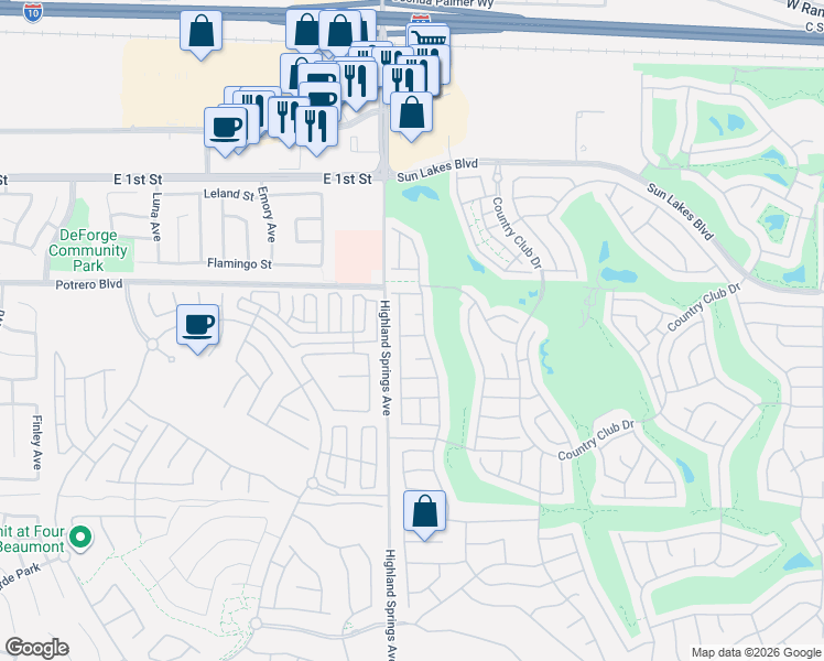 map of restaurants, bars, coffee shops, grocery stores, and more near 6353 Colonial Avenue in Banning
