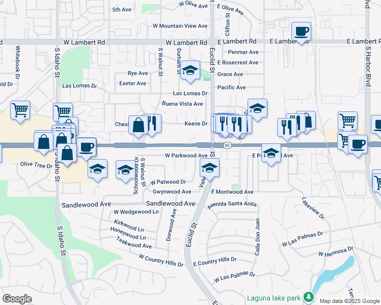 map of restaurants, bars, coffee shops, grocery stores, and more near 221 West Parkwood Avenue in La Habra