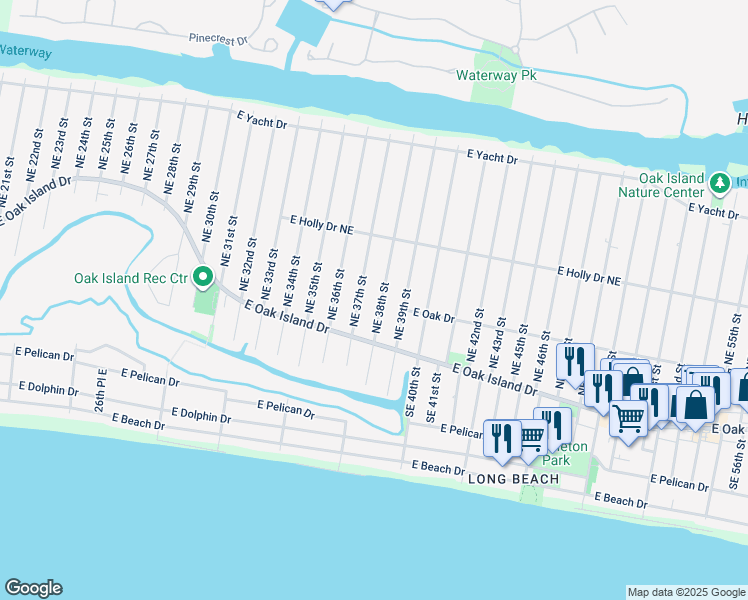 map of restaurants, bars, coffee shops, grocery stores, and more near 113 Northeast 38th Street in Oak Island