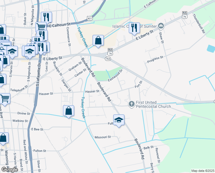 map of restaurants, bars, coffee shops, grocery stores, and more near 82 Hauser Street in Sumter