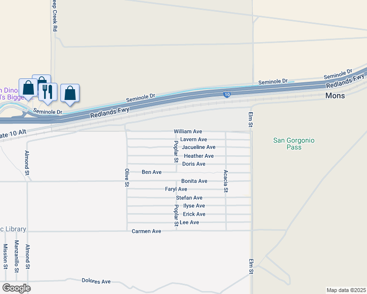 map of restaurants, bars, coffee shops, grocery stores, and more near Jacueline Avenue in Cabazon