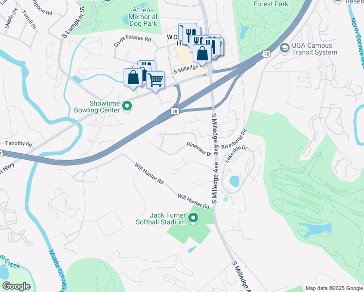 map of restaurants, bars, coffee shops, grocery stores, and more near 170 Pineview Court in Athens