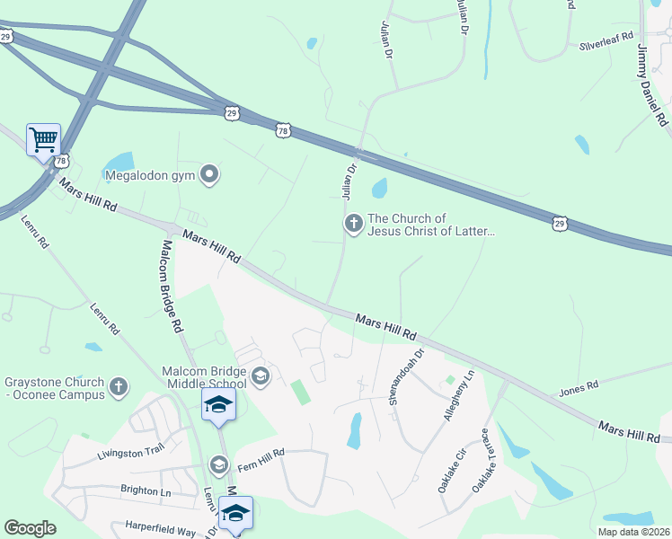 map of restaurants, bars, coffee shops, grocery stores, and more near 1081 Julian Drive in Watkinsville