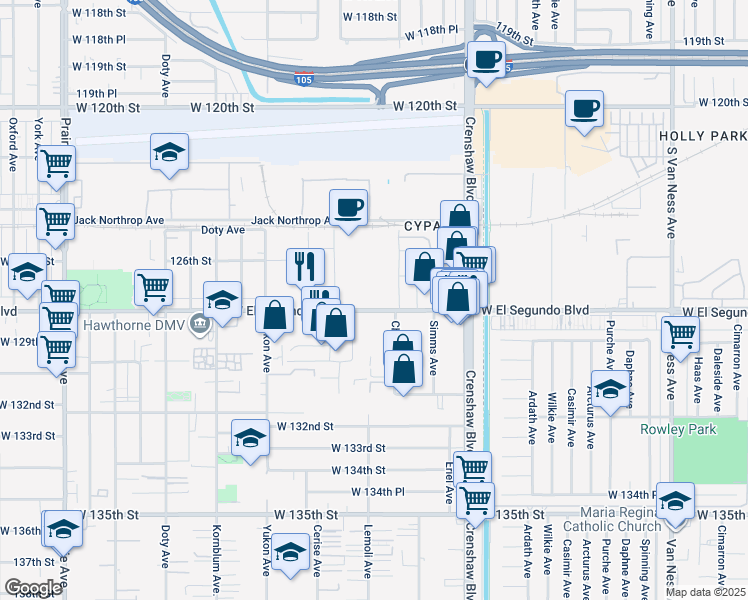 map of restaurants, bars, coffee shops, grocery stores, and more near 3253 West El Segundo Boulevard in Hawthorne