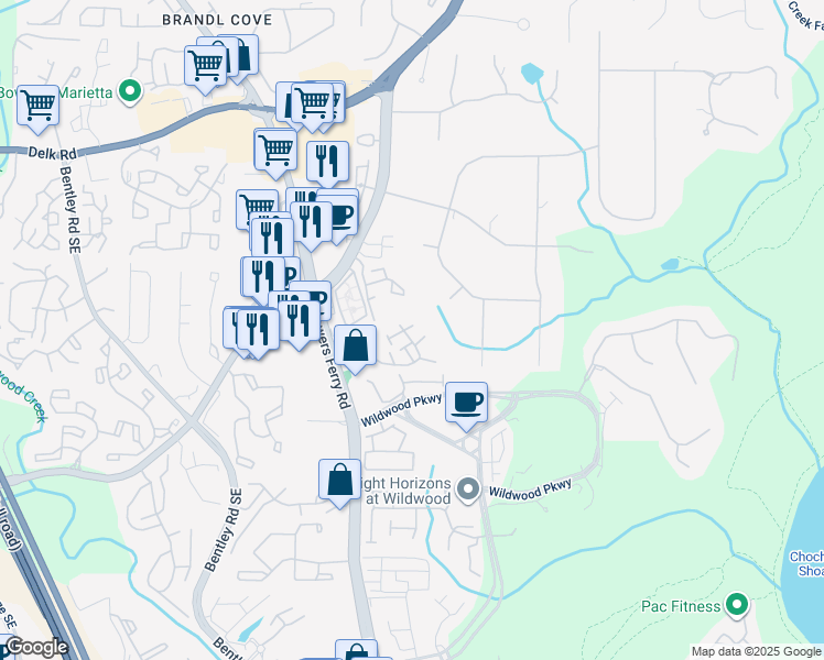 map of restaurants, bars, coffee shops, grocery stores, and more near 3088 Balearic Drive Southeast in Marietta