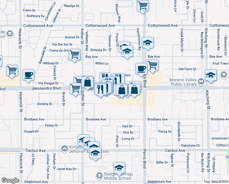 map of restaurants, bars, coffee shops, grocery stores, and more near 24757 Alessandro Boulevard in Moreno Valley