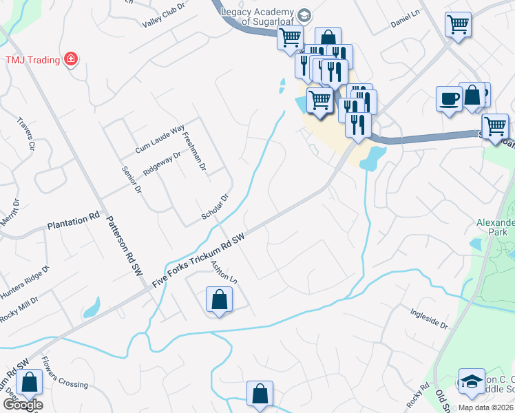 map of restaurants, bars, coffee shops, grocery stores, and more near 544 Learning Court Southwest in Lawrenceville