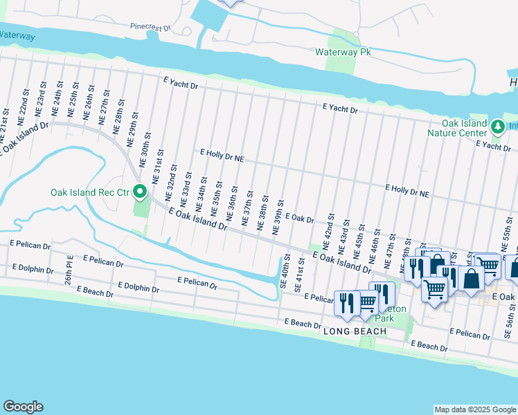 map of restaurants, bars, coffee shops, grocery stores, and more near 113 Northeast 38th Street in Oak Island