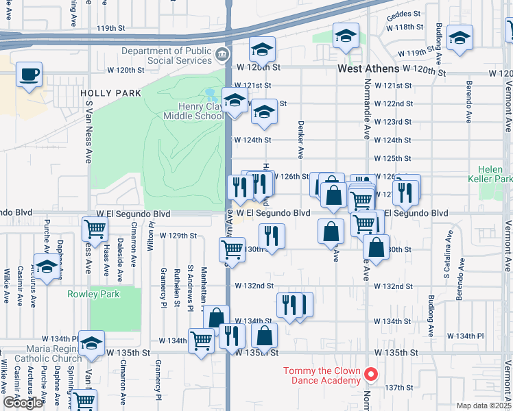 map of restaurants, bars, coffee shops, grocery stores, and more near 1733 West El Segundo Boulevard in Gardena