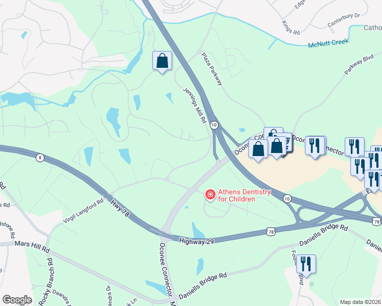 map of restaurants, bars, coffee shops, grocery stores, and more near 1331 Jennings Mill Road in Bogart