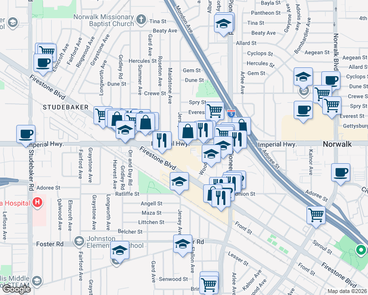map of restaurants, bars, coffee shops, grocery stores, and more near 11610 Imperial Highway in Norwalk