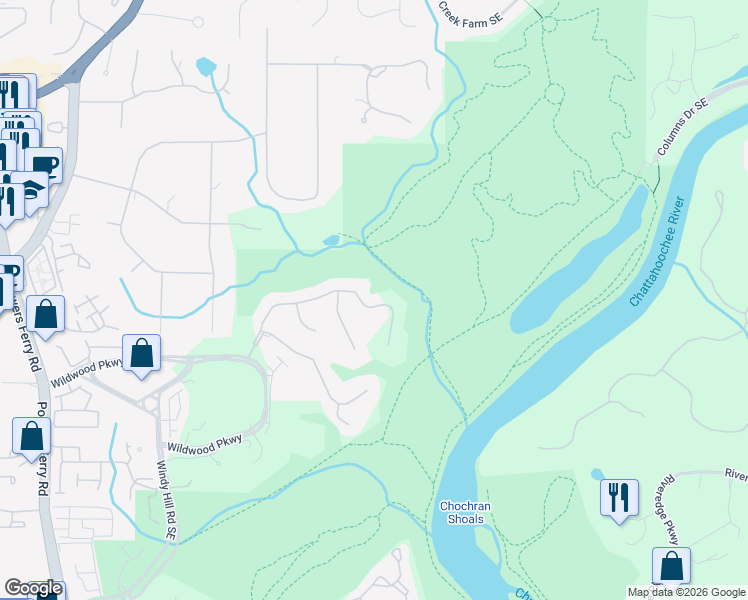 map of restaurants, bars, coffee shops, grocery stores, and more near 3550 Rivers Call Boulevard in Atlanta