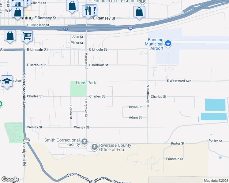 map of restaurants, bars, coffee shops, grocery stores, and more near 989 Driftwood Circle in Banning