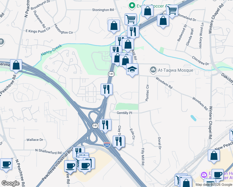 map of restaurants, bars, coffee shops, grocery stores, and more near 2451 Avery Park Court in Doraville