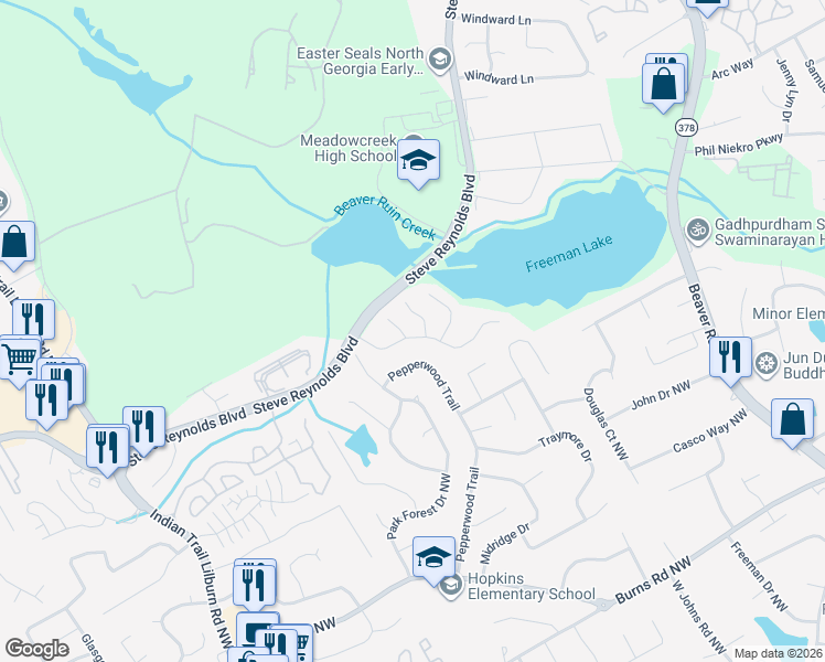map of restaurants, bars, coffee shops, grocery stores, and more near 1065 Falling Water Lane in Norcross