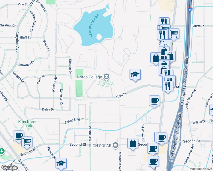 map of restaurants, bars, coffee shops, grocery stores, and more near 2001 3rd Street in Norco