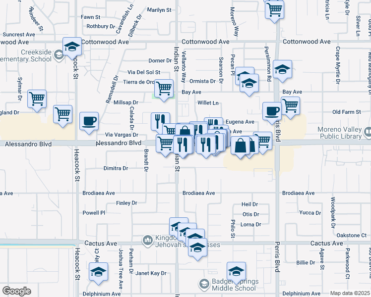 map of restaurants, bars, coffee shops, grocery stores, and more near 24525 Alessandro Boulevard in Moreno Valley
