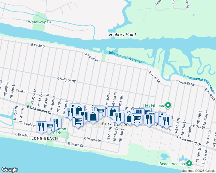 map of restaurants, bars, coffee shops, grocery stores, and more near 228 Northeast 55th Street in Oak Island