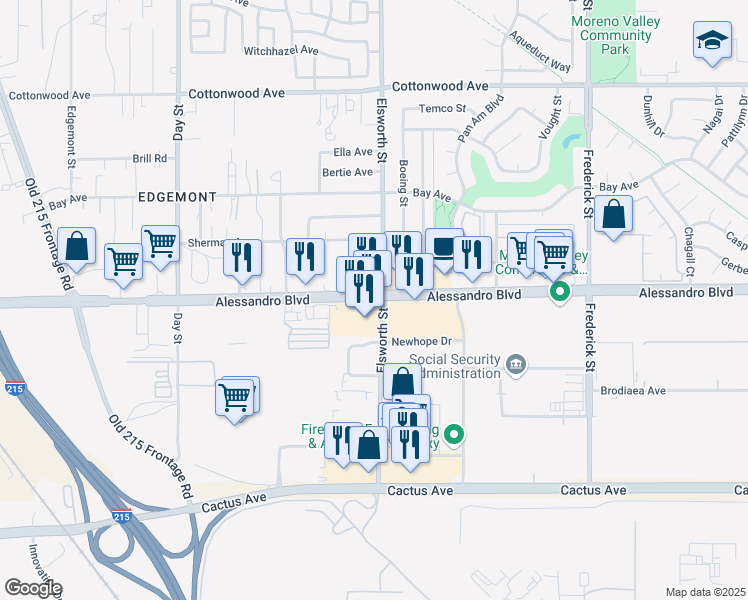 map of restaurants, bars, coffee shops, grocery stores, and more near 22485 Alessandro Blvd in Moreno Valley