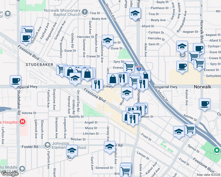 map of restaurants, bars, coffee shops, grocery stores, and more near 11610 Imperial Highway in Norwalk
