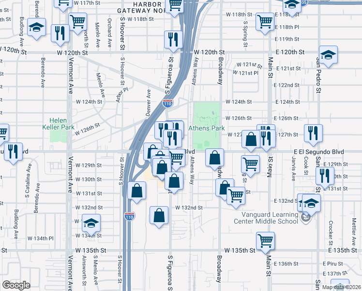 map of restaurants, bars, coffee shops, grocery stores, and more near 12738 South Figueroa Street in Los Angeles