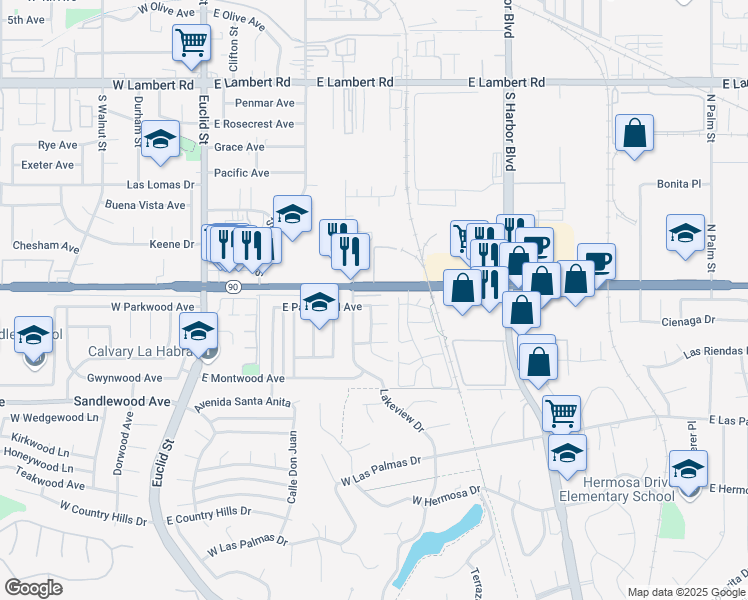 map of restaurants, bars, coffee shops, grocery stores, and more near 631 East Parkwood Avenue in La Habra