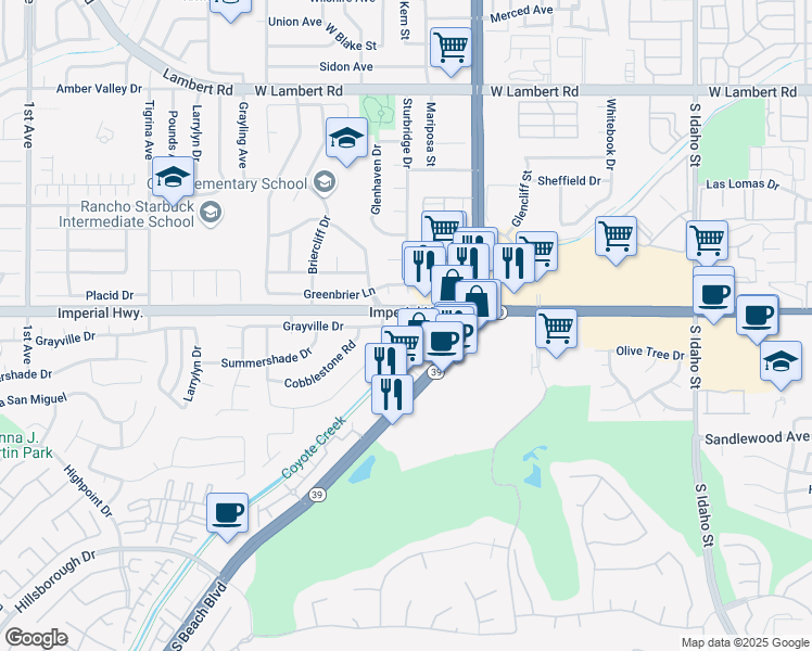 map of restaurants, bars, coffee shops, grocery stores, and more near 2200 West Imperial Highway in La Habra