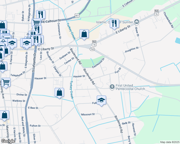 map of restaurants, bars, coffee shops, grocery stores, and more near Park Homes Court in Sumter