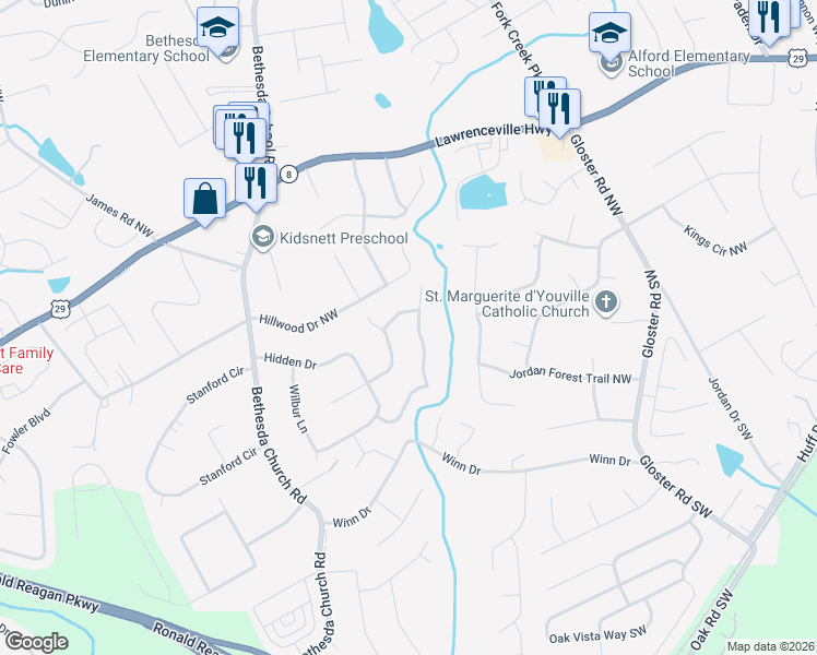 map of restaurants, bars, coffee shops, grocery stores, and more near 189 Jousters Lane Northwest in Lawrenceville