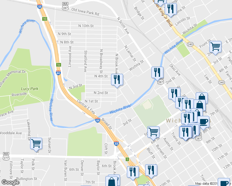 map of restaurants, bars, coffee shops, grocery stores, and more near 1201 N 2nd St in Wichita Falls