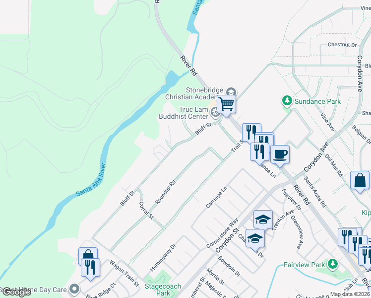 map of restaurants, bars, coffee shops, grocery stores, and more near 4921 Bluff Street in Norco